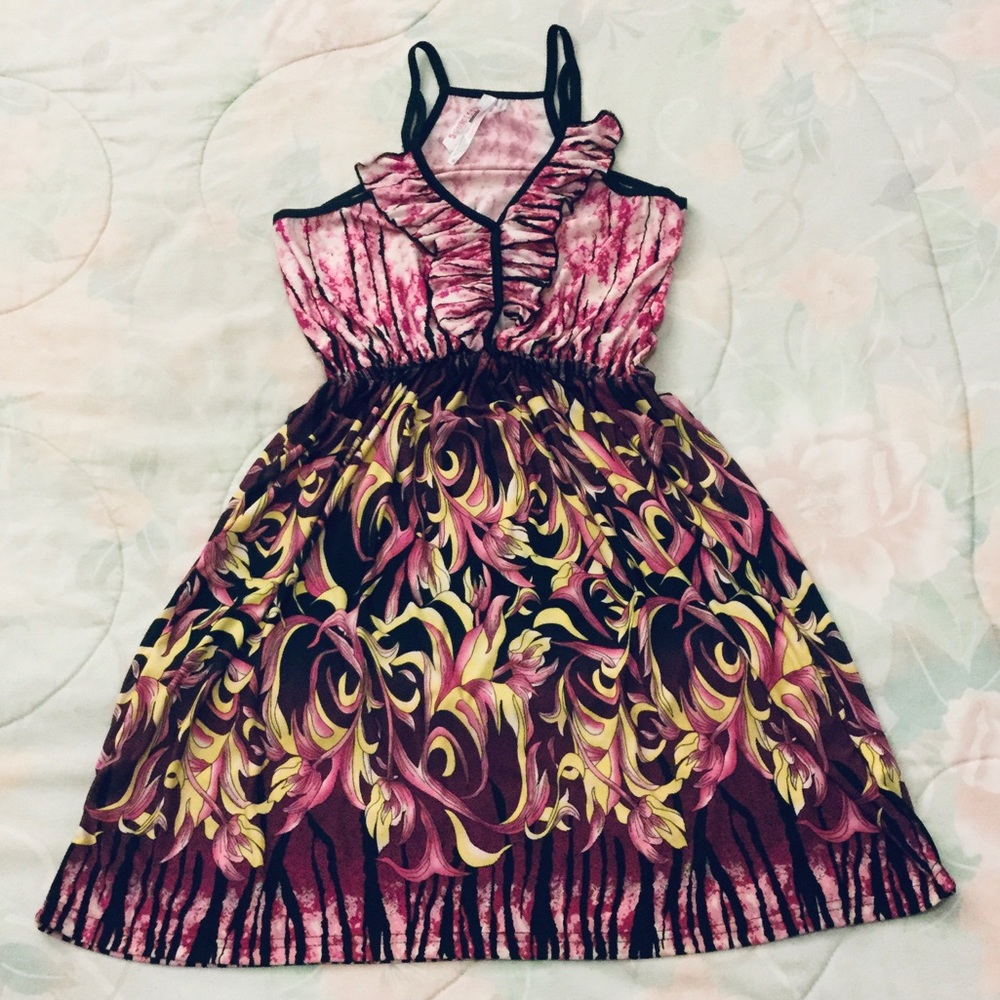 Sunkissed Couture Pink, Magenta, Purple Tropical Printed Dress with Ruffle Front
